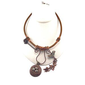 Handcrafted Vintage Copper Necklace With Bird & Nest Charms Adjustable Length Na